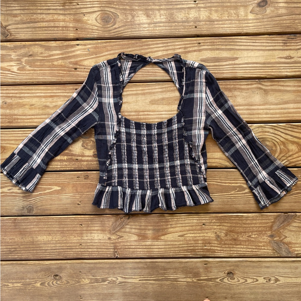 Free People Plaid Smocked Peasant Top Navy Pink Long Sleeve Boho S